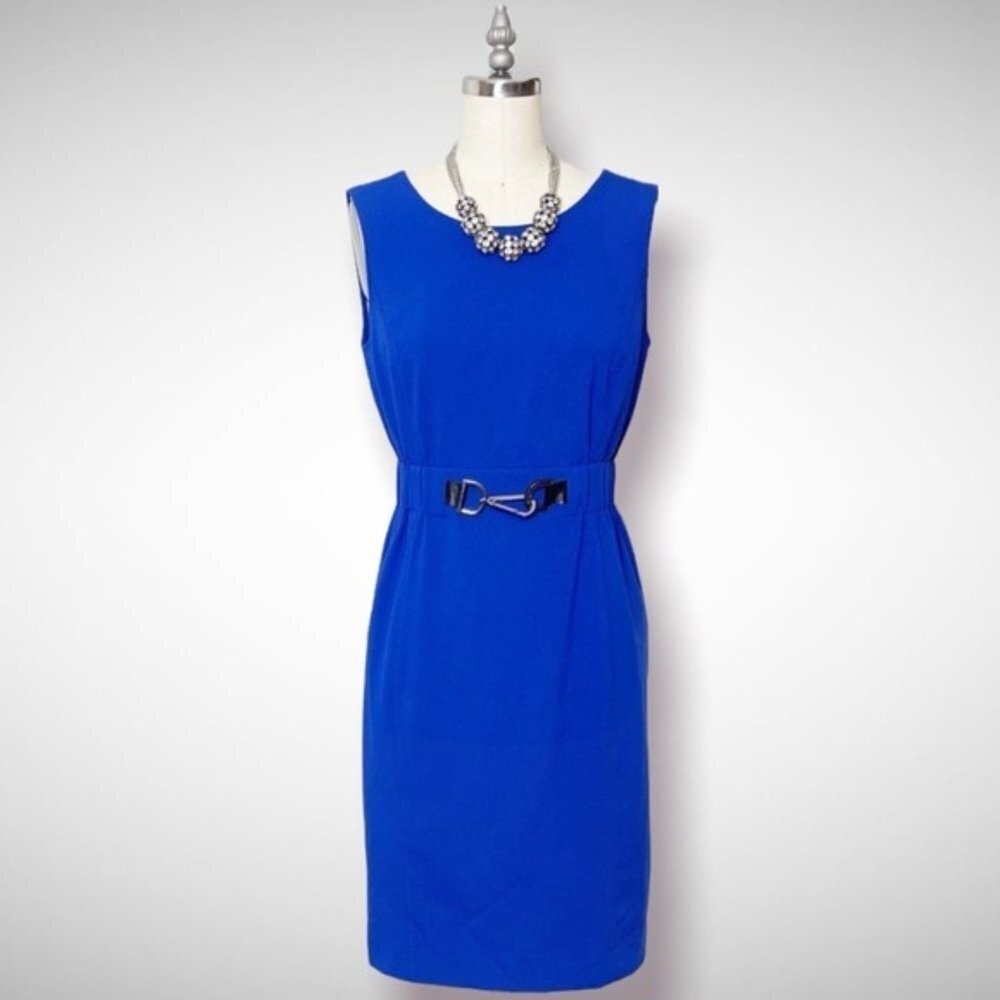 Calvin Klein Blue Sleeveless Sheath Dress with Elastic Buckle Waist Size 2 - Picture 10 of 10